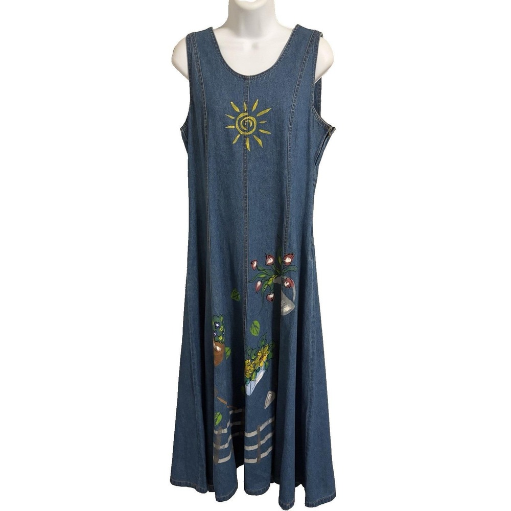 Vtg 90s EXPOSE Hand Painted Denim Maxi Dress~M~Fit & Flair Garden Cottagecore